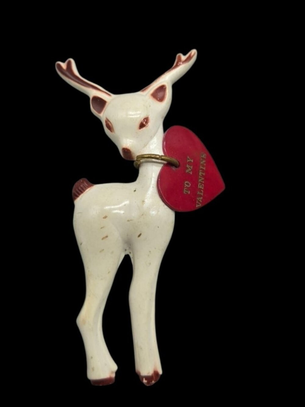 VTG 1950s Berkander Plastic Valentine Deer Brooch Pin Red Heart Kitsch Novelty